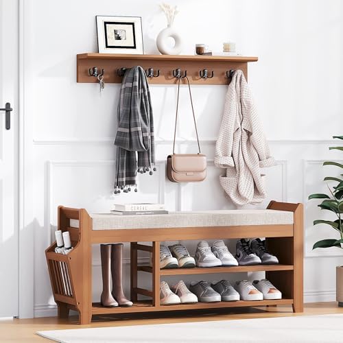 PETKABOO 39.4" Shoe Bench with Coat Rack Hidden Drawer and Side Holder, 2 Tier Entryway Bench with Storage, Bamboo Shoe Rack with Cushion for Entryway Hallway Living Room Bedroom