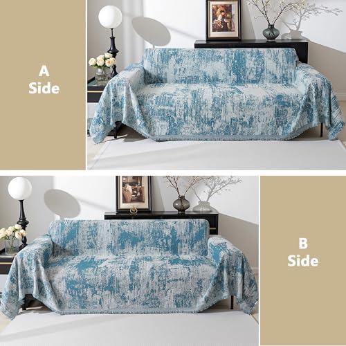 MEETSKY Blue Couch Cover Sectional Sofa Covers Washable Chenille Geometric Abstract Geometric Couch Covers for 2 Cushion Sofa Slipcover Multi-Use Durable Couch Throw Cover for Dogs Pets, 71" x 118"