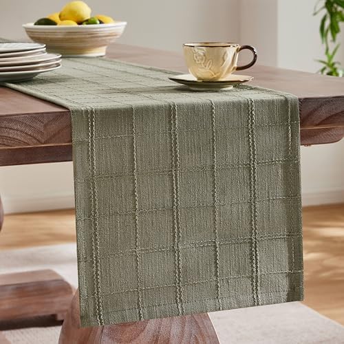 ZeeMart Linen Checked Farmhouse Table Runner, 13x108 Inches Olive