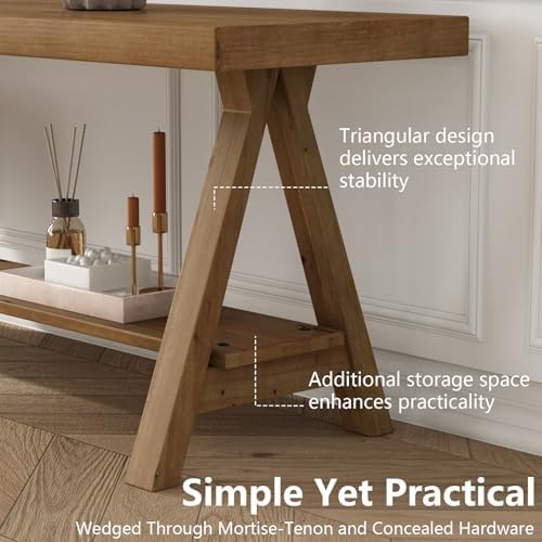 RowyPoey 54" Solid Wood Bench, Long Entryway Bench with Shoe Storage
