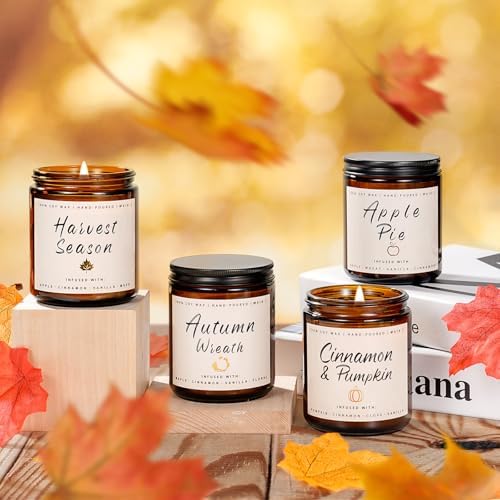 Auelife Fall Candle Set | 4 Pack Scented Candles for Home - Candle Gifts for Women Men, Soy Candles Home Scented | Autumn Fragrance of - Apple Pie/Cinnamon/Harvest/Wreath