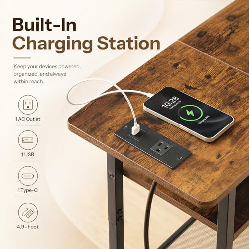 HOOBRO Side Table with Charging Station for Small Spaces, Rustic Brown