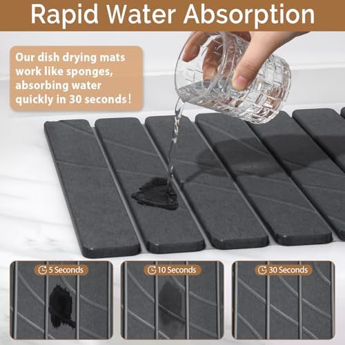Large Stone Dish Drying Mat for Kitchen Counter,2 PCS Quick Dry Stone Mats,Foldable Water Absorbing Diatomaceous Drying Pad for Countertop Bottles Utensils Cups (Flow Line Dark Gray 24"x16" & 8"x4")