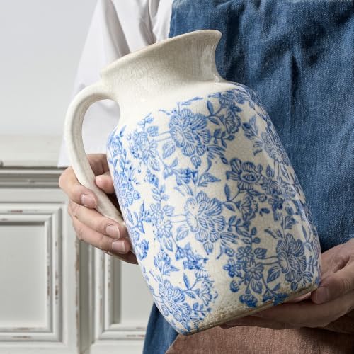 Ceramic Vintage Vase Flower Decorative Vase Chinoiserie Decor Rustic Farmhouse Retro Floral Vases for Table Bookshelf Mantel Kitchen Living Room Office - 9.5" Blue