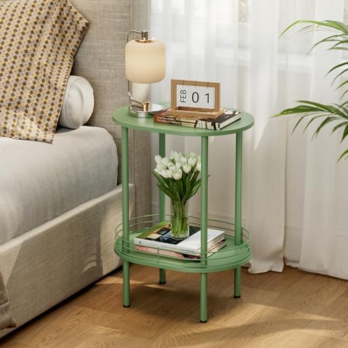 Green Oval Nightstand Set of 2, Small Modern Round Side Table with Storage