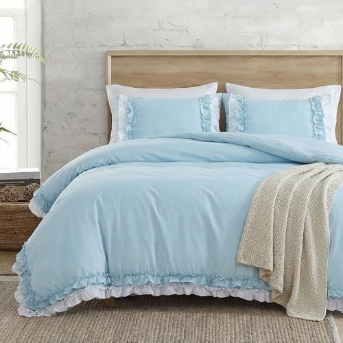 Bedrom Light Blue Duvet Cover Twin Ruffled Bedding Set Elegant Ruffle Lace Bedroom Decor Shabby Chic Farmhouse Style Blue Boho Duvet Cover Set