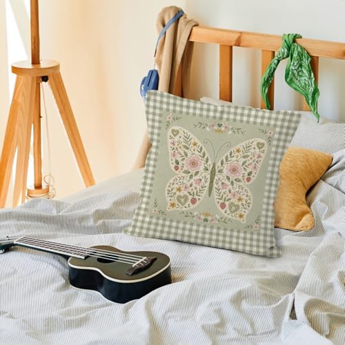 Cottagecore Floral Butterfly Throw Pillow Cover 18x18, Baby Girl Nursery Decorative Pillow Covers for Kids Toddler Girls Room Bedroom, Vintage Green Gingham Plaid Accent Pillows Cover Pillowcases