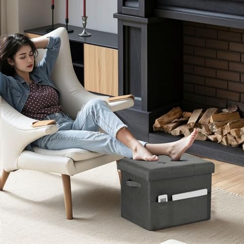 Bsketa Storage Ottoman Bench,17" Folding Linen Foot Rest Stool,Dark Gray