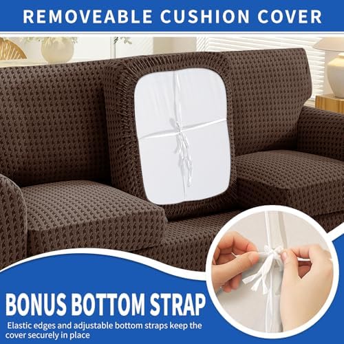 MAXIJIN 4 Pieces Stretch Oversized Couch Covers for 3 Cushion Sofa Covers Washable Sofa Slipcovers Thick Soft Furniture Protector with Non Slip Strap (Brown), 91"-110"(3 XL Cushions)