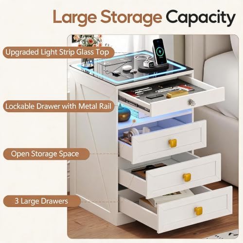 Smart LED Nightstand with Lockable Gun Drawer & Glass Top（White）