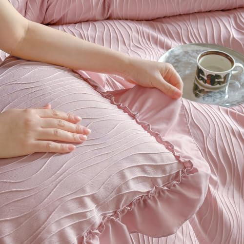 Cottagecore Ruffled TwinXL Duvet Cover Set Pink Wavy Jacquard Shabby Chic Bedding Set 3 Pieces, Microfiber Zipper Comforter Cover and 2 Pillowcases French Vintage Bedding Duvet Cover for All Seasons