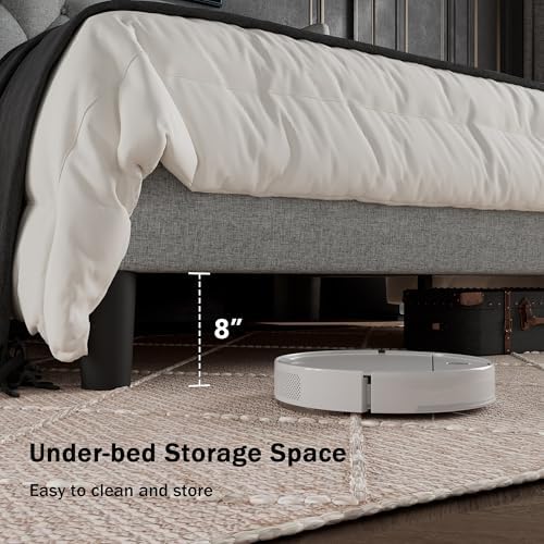 GalnFu Full Size Bed Frame with Button Tufted Headboard, Upholstered Platform Bed Frame with UnderBed Storage, Wooden Slats Supports, Noise Free, No Box Spring Needed, Easy Assembly, Light Grey