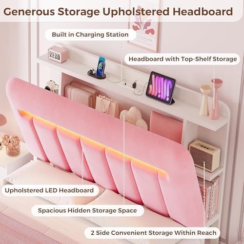 Jocoevol Queen Bed Frame with Storage Headboard,Upholstered Princess Bed Frame Queen Size with Storage Drawers and Charging Station,Velvet Platform Metal Bed, Noise-Free, No Box Spring Needed