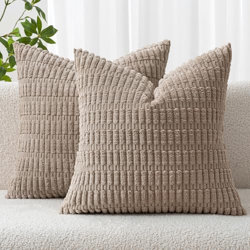 MIULEE Corduroy Decorative Throw Pillow Covers 12x12 Light Brown Pack of 2
