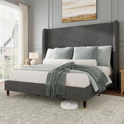 Jocisland King Bed Frame Tall Wingback Headboard Upholstered, Dark Grey