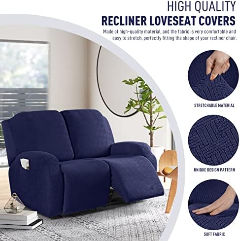 KinCam Recliner Covers, Stretch Reclining Chair Covers, Recliner Sofa Slipcovers Stripe Jacquard Recliner Couch Covers Furniture Protector Covers for Pet Kid (2 Seater, Dark Blue)