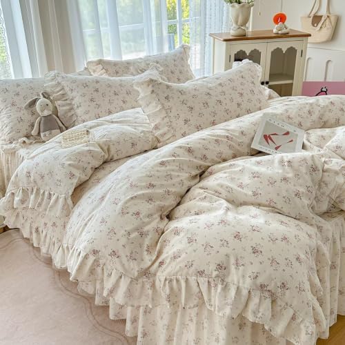 Pink Floral Cotton Duvet Cover Set 3 Pcs,68"×86" Twin Bedding