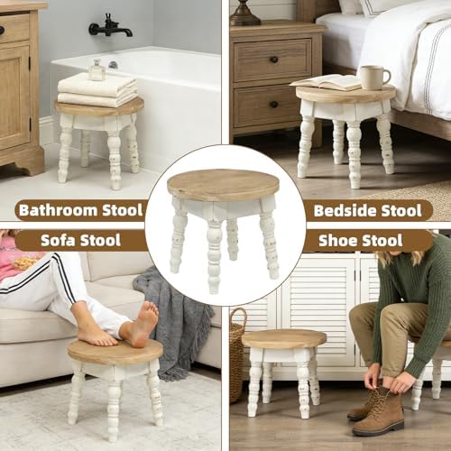 Vintage Solid Wood Step Stool, Round Farmhouse Wooden Stool, Easy Assembly for Kids, Plant Stand or Bathroom Kitchen French Country Shabby Chic Decor