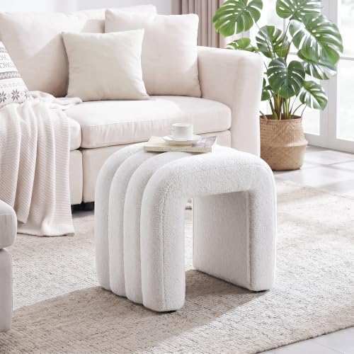 White Teddy Fleece Ottoman Stool, Cute Backless Vanity Stool Chair
