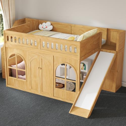 SOFTSEA Full Size Kids Loft Bed with Slide and Storage Stairs, Natural