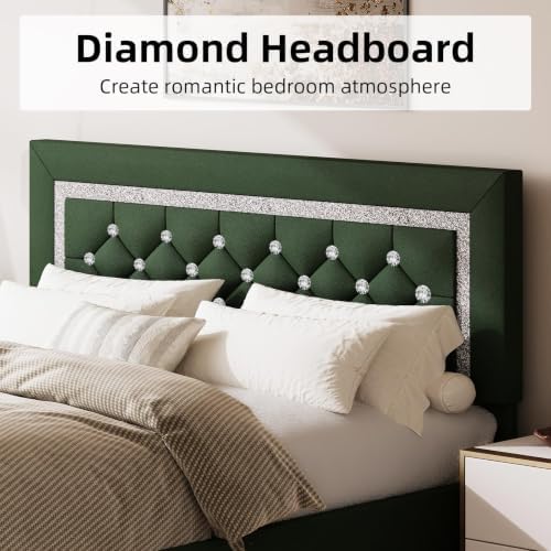 BarnFurin Full Size Bed Frame with Headboard, Faux Leather Upholstered Bed with Diamond Tufted Design, Mordern Bed Frame with Wooden Slats Suppor, No Box Spring Required, Easy Assembly, Green