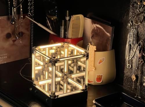 Infinity Mirror Cube Lamp with Display Case, Warm White 2700K | Tesseract Abyss Light, USB-C Rechargeable, Touch Dimmable LED Desk Decor for Gaming Room, Bedroom & Shelf