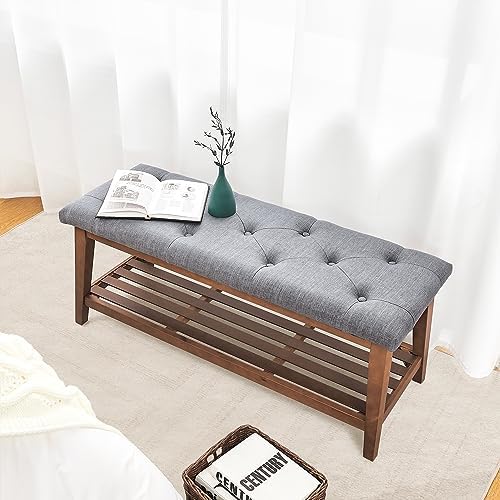 kinmars Entryway Bench with Shoe Rack, 42.5" Bedroom Bench, grey