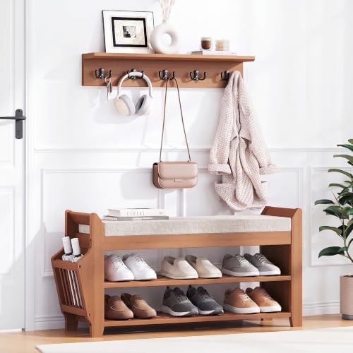 PETKABOO 31.5" Shoe Bench with Coat Rack Hidden Drawer and Side Holder, 2 Tier Entryway Bench with Storage, Bamboo Shoe Rack with Cushion for Entryway Hallway Living Room Bedroom
