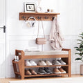 PETKABOO 31.5" Shoe Bench with Coat Rack Hidden Drawer and Side Holder, 2 Tier Entryway Bench with Storage, Bamboo Shoe Rack with Cushion for Entryway Hallway Living Room Bedroom