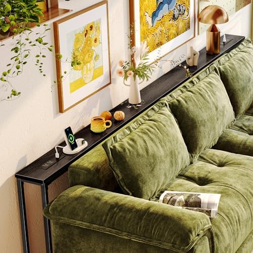 Huuger 102.4 Inch Behind Couch Table with 2 Power Outlets and USB-C Ports, Extra Long Narrow Sofa Table for Sectional Sofa, Skinny Console Table with Anti-Bump Pads, for Living Room, Black