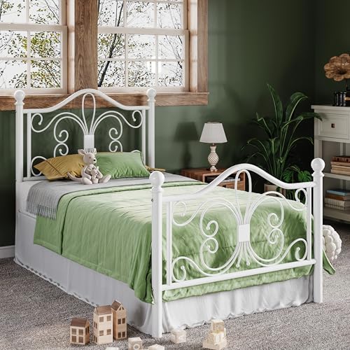 Allewie Metal Twin XL Platform Bed Frame, Butterfly Pattern Design, White