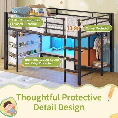 DICTAC Low Loft Bed Twin Size with Storage Bins and Reading Corner, Black