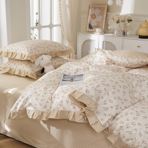 Ruffle Floral Duvet Cover Set Twin XL, 100% Cotton Cute Strawberry Bedding Set with Ruffle Lace, Aesthetic Floral Strawberry Duvet Cover Reversible Tan Gingham Comforter Cover Cottagecore Bedding