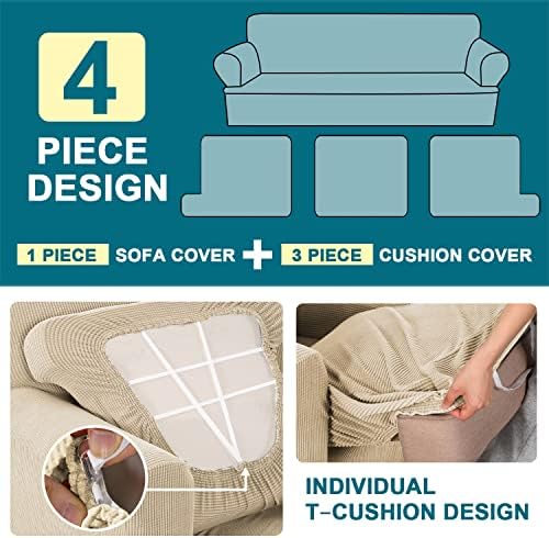 Turquoize 4 Piece T Cushion Sofa Slipcovers Stretch Couch Cover Furniture Covers with 3 Individual T Cushion Covers, Washable (3 Cushion Sofa, Biscotti Beige)