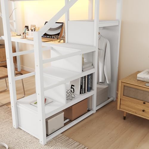 Full Size Metal Loft Bed Frame with Desk, Staircase, Built-in Storage Shelves and Wardrobe, Modern Loft Bed with Solid Slats, Guardrail, No Box Spring Required, Easy Assembly, for Bedroom, White