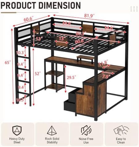 Queen Loft Bed with Desk, 2 Fabric Drawers and 2 Storage Shelves, Metal Heavy Duty Queen Size Loft Bed for Adults, Teens, No Box Spring Needed, Black