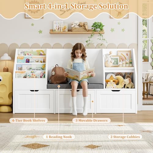 FOTOSOK Kids Bookshelf with Reading Nook, Toy Storage with Seat Cushion
