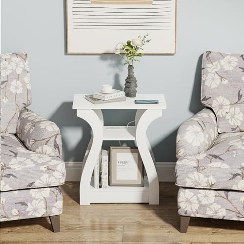 FROMJBEST End Tables Living Room, White End Table with Charging Station