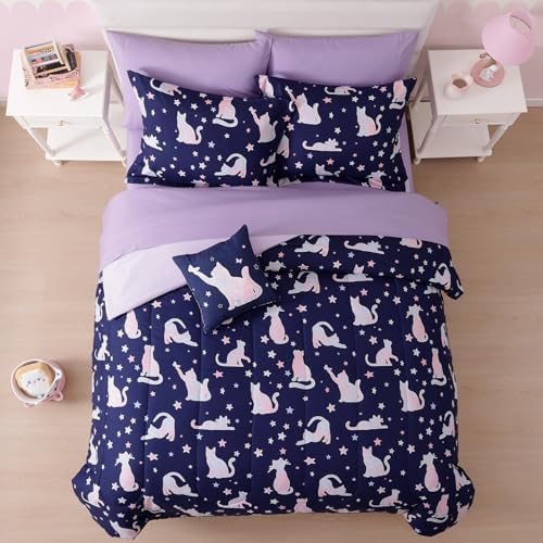 Twin Comforter Set for Girls-3 Pieces Cat Glow in the Dark Twin Bedding