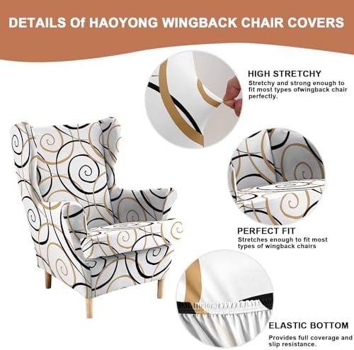 HAOYONG 2 Piece Wingback Chair Covers Stretch Wing Chair Slipcover Printed Wing Back Chair Covers with Arms Washable Spandex Fabric Armchair Cover Protection Furniture for Living Room and Bedroom