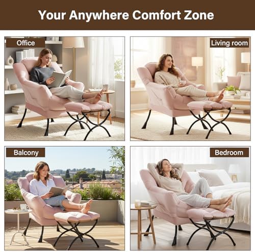 Welnow Lazy Chair with Ottoman, Reading Chair with Footrest, Pink