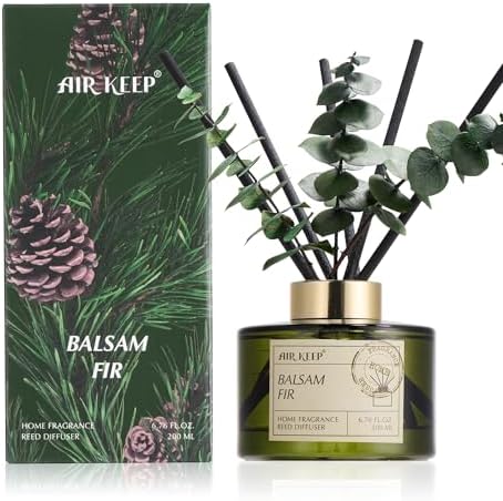 Airkeep Reed Diffuser Set with 6.76 fl oz Balsam Fir Scent Essential Oils and 3 Leaves & 8 Diffuser Sticks,Bathroom Shelf Decor & Air Freshener, House Bedroom Office Decor & Gifts