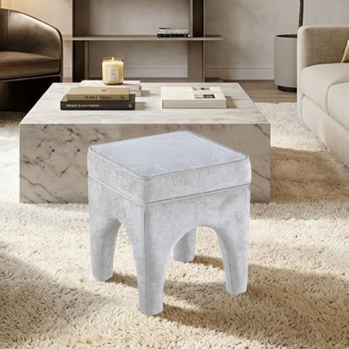 Get Set Style Upholstered Textured Woven Accent Stool, Arched Solid Wood Leg Ottoman Foot Rest, Square Decorative Bench for Living Room Entryway Bedroom (Ivory)