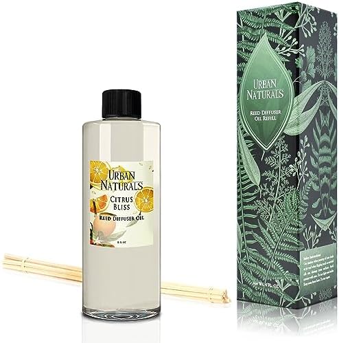 Urban Naturals Reed Diffuser Oil Refill Citrus Bliss with Mandarin, Grapefruit, Lemon Water, Clementine, Green Notes 8 oz + Free Reed Sticks, Made in the USA
