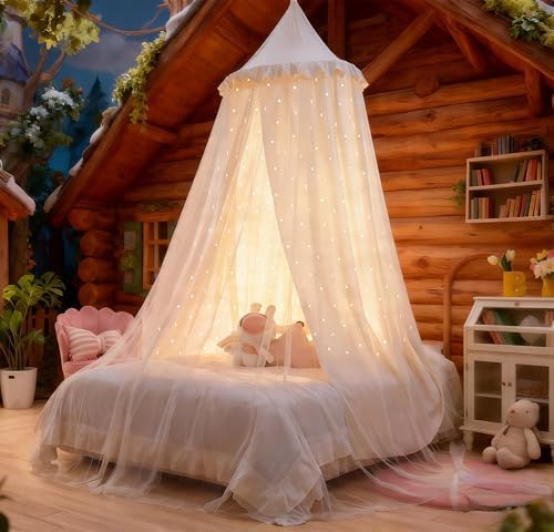 Princess Bed Canopy for Girls, Double Layer Canopy Fits Twin/Full Bed - Fairy Bed Tent for Kids Room Decor(with Cutout Stars,White)