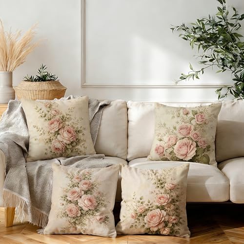 Vintage Pink Rose Floral Pillow Cover 18x18 Double-Sided Set of 4, French Country Decor, Pink Flower Throw Pillow Cover Case for Home Bedroom Living Room