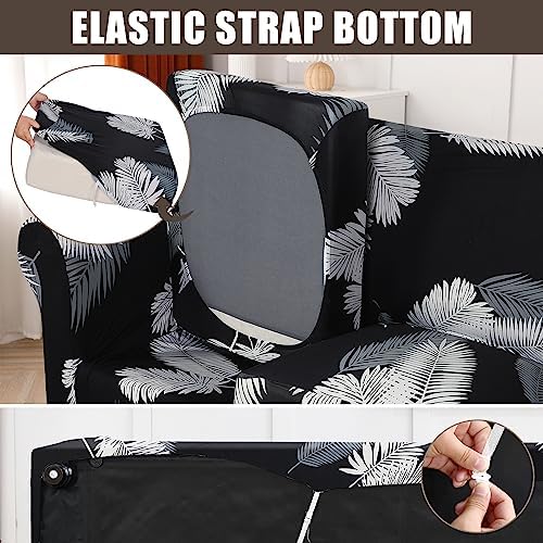 SearchI Stretch Sofa Cover Printed Couch Cover, Floral Pattern 4 Pieces Sofa Slipcover with 3 Separate Cushion Cover, Washable Furniture Protector for Living Room(Sofa, Black+Palm Leaves)
