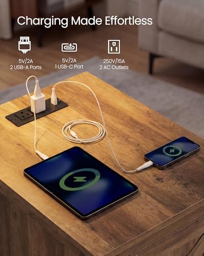VASAGLE Side Table with Charging Station and Storage Cabinet, Nightstand