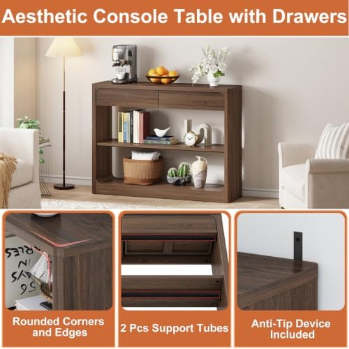 FATORRI Console Table with 2 Drawers, 43.3 Inch Farmhouse Narrow Entryway Table with Storage Shelves, Rustic Sofa Tables Behind the Couch for Hallway, Living Room, Foyer (Dark Walnut)