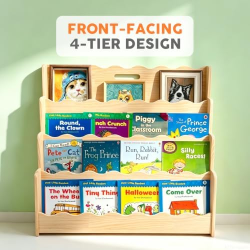 LINMAGCO Scalloped Kids Bookshelf, 4-Tier Montessori Toddler Bookcase, Front-Facing Book Organizer with Handle, Solid Pine Wood, Nursery Book Shelves for Bedroom Playroom Classroom & Reading Corner